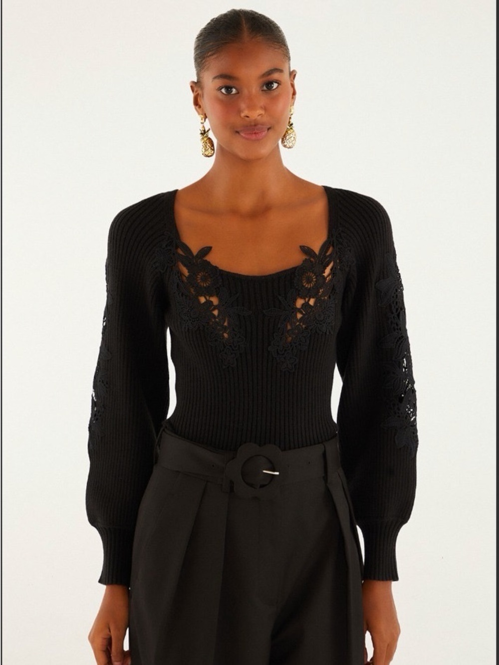 Farm Rio: BLACK LACE KNIT RIBBED TOP